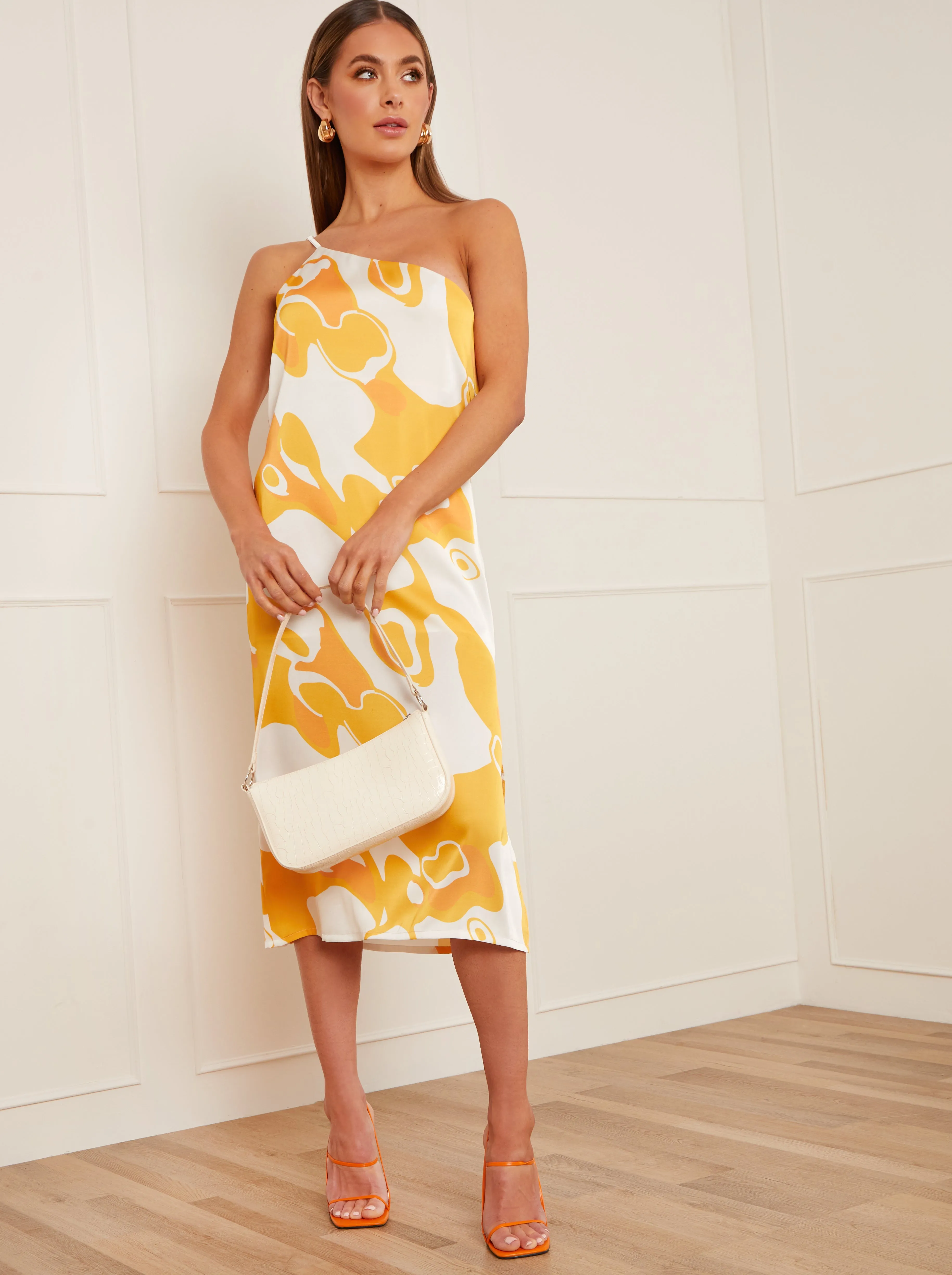 One-Shoulder Abstract Print Midi Dress in Yellow sold by Chi Chi London