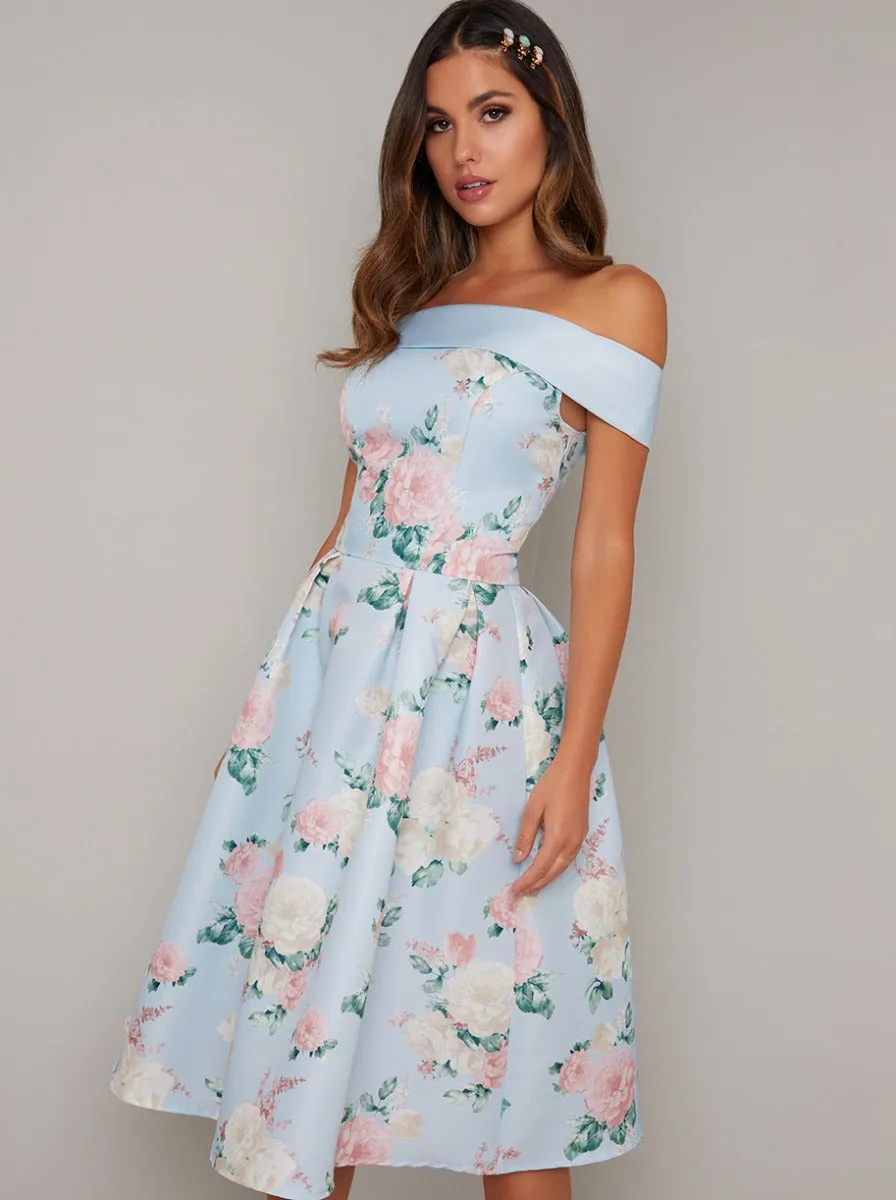 Tall Printed Bardot Midi Dress in Blue sold by Chi Chi London product image thumbnail 3