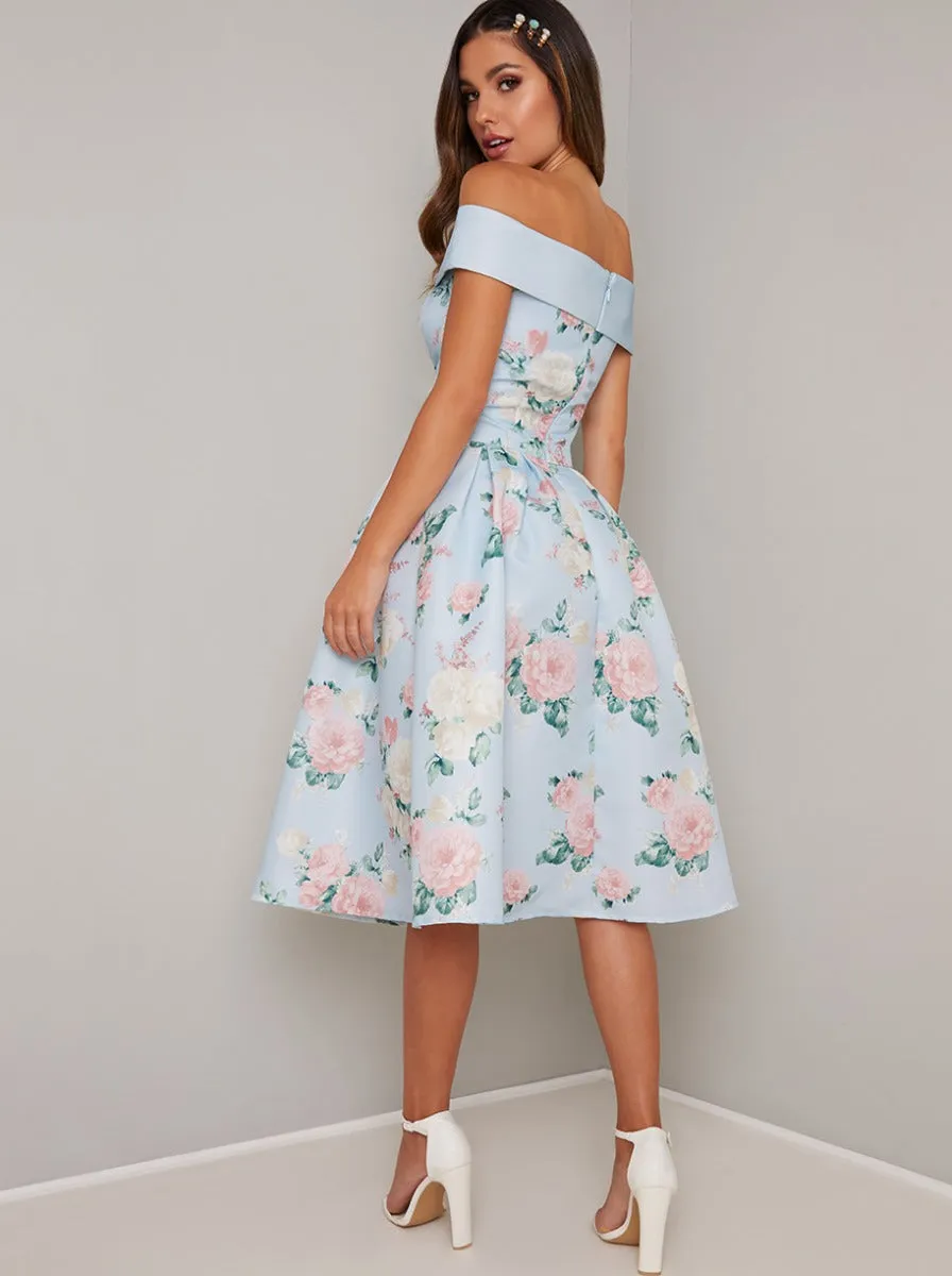 Tall Printed Bardot Midi Dress in Blue sold by Chi Chi London product image thumbnail 4