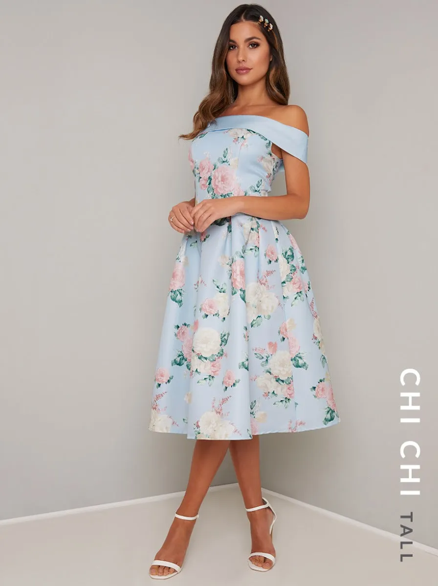 Tall Printed Bardot Midi Dress in Blue sold by Chi Chi London