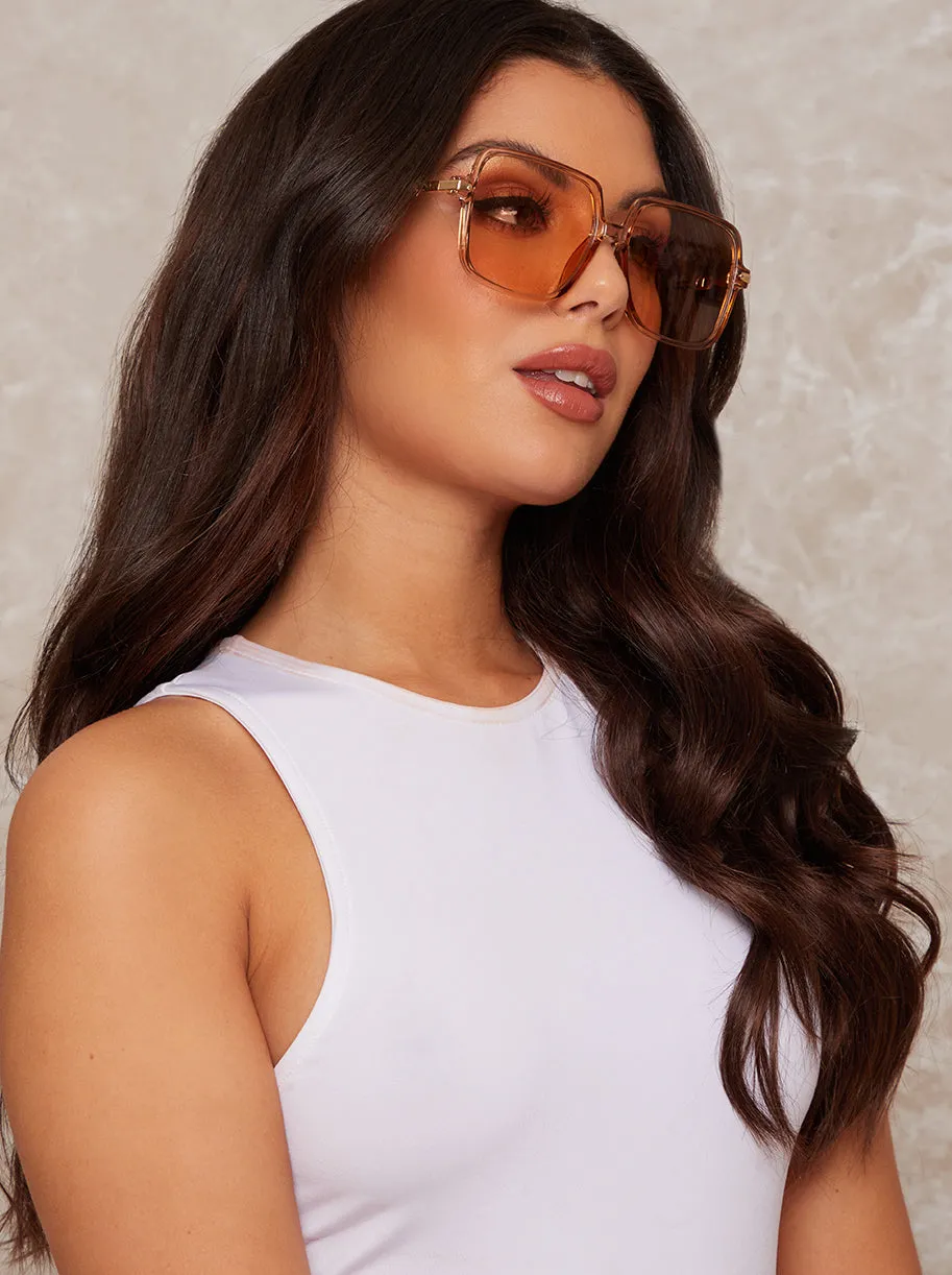 Square Frame Sunglasses with Gold Arms in Tan sold by Chi Chi London product image thumbnail 2