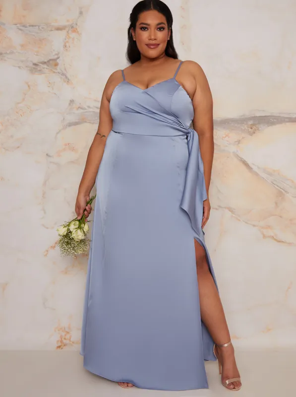 Plus Size Satin Finish Drape Maxi Dress in Blue sold by Chi Chi London