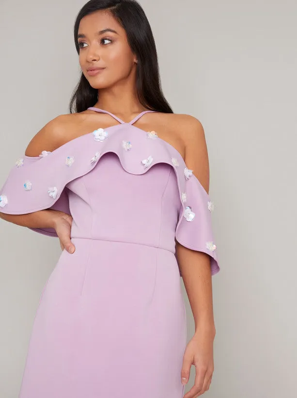 Petite Bardot Frill Mini Dress in Purple sold by Chi Chi London