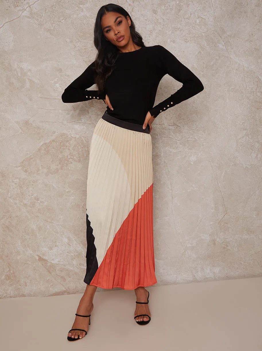 High Waist Colour Block Pleated Midi Skirt in Multi sold by Chi Chi London