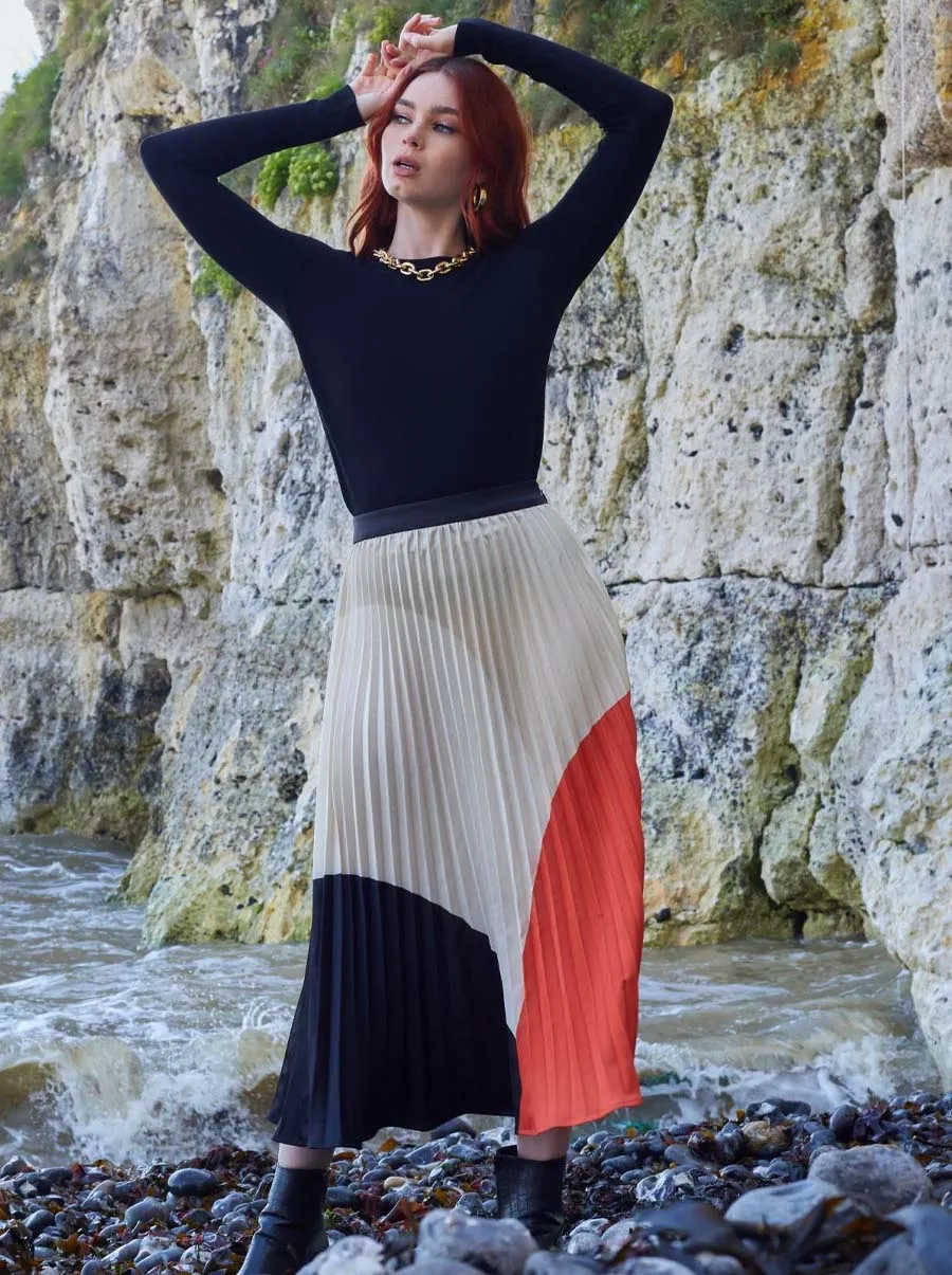 High Waist Colour Block Pleated Midi Skirt in Multi sold by Chi Chi London product image thumbnail 5