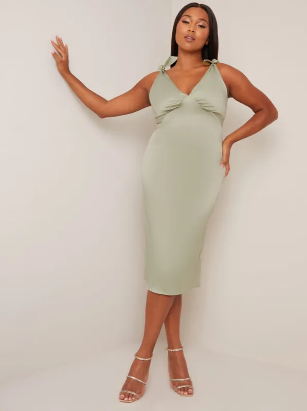 V Neck Tie Shoulder Midi Dress in Sage sold by Chi Chi London