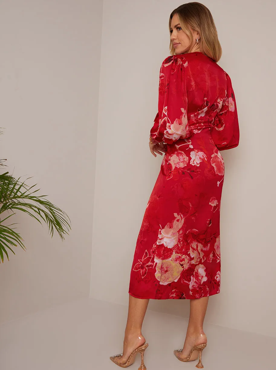 V Neck Puff Sleeve Floral Midi Dress in Red sold by Chi Chi London product image thumbnail 2
