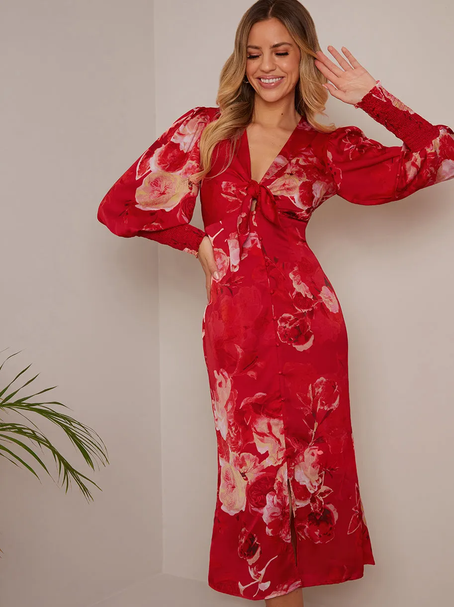 V Neck Puff Sleeve Floral Midi Dress in Red sold by Chi Chi London