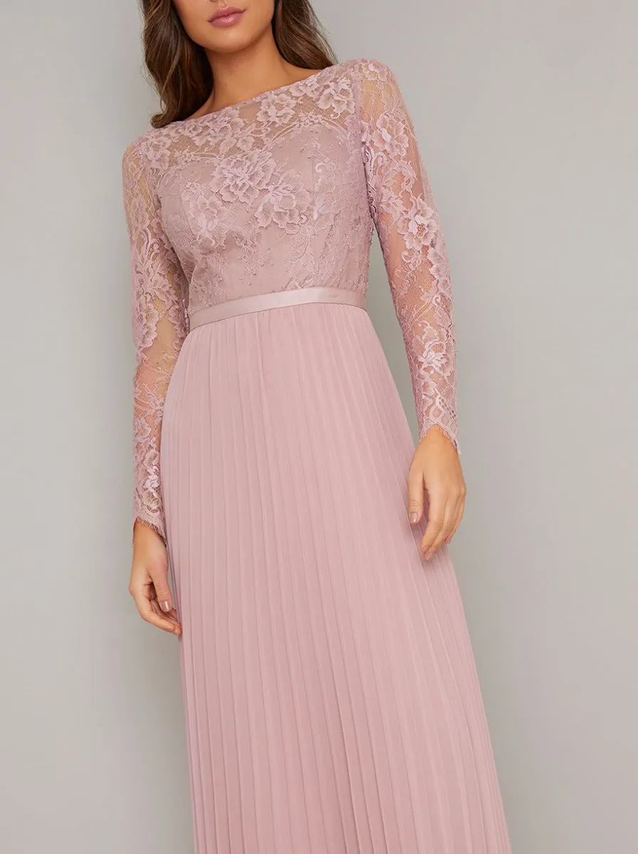 Tall Long Sleeved Lace Bodice Pleat Maxi Dress in Pink sold by Chi Chi London product image thumbnail 3
