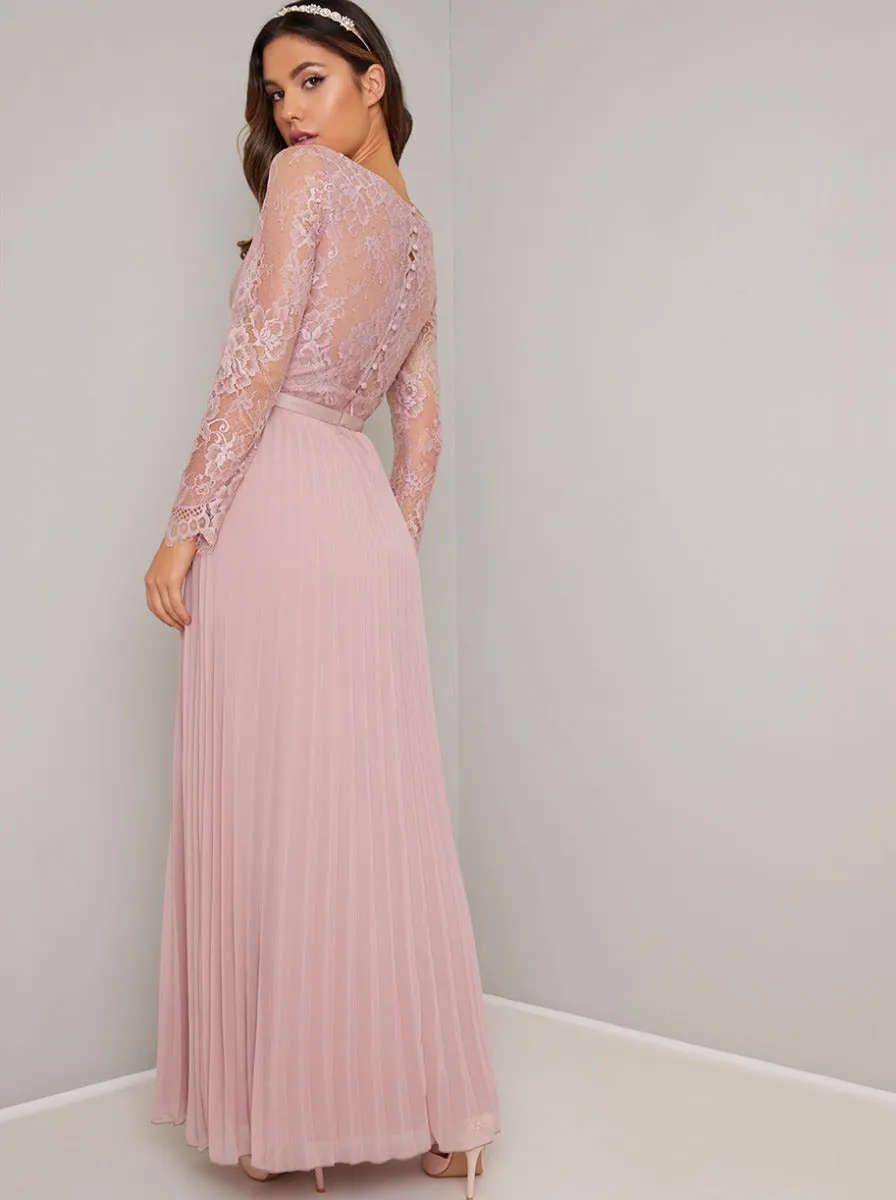 Tall Long Sleeved Lace Bodice Pleat Maxi Dress in Pink sold by Chi Chi London product image thumbnail 4