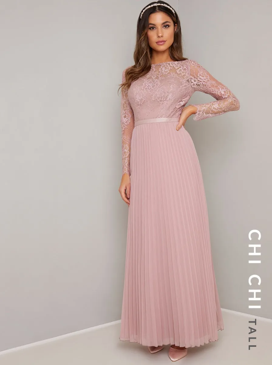 Tall Long Sleeved Lace Bodice Pleat Maxi Dress in Pink sold by Chi Chi London product image thumbnail 2