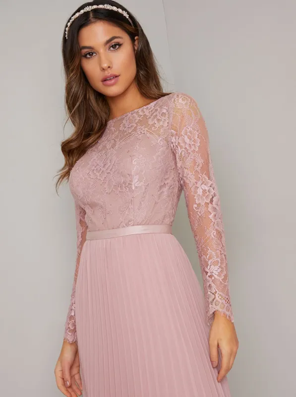 Tall Long Sleeved Lace Bodice Pleat Maxi Dress in Pink sold by Chi Chi London