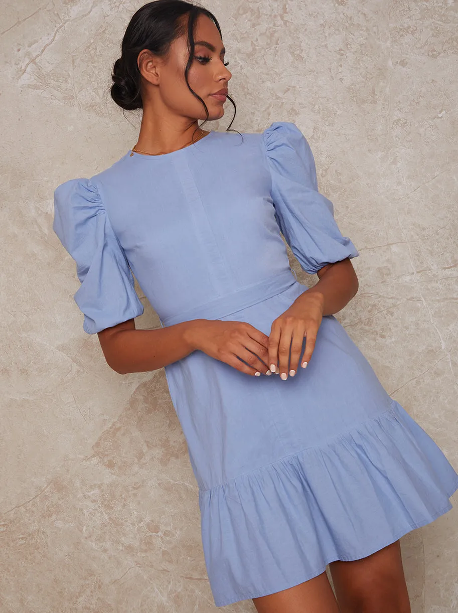 Puff Sleeve Tiered Mini Dress In Blue sold by Chi Chi London