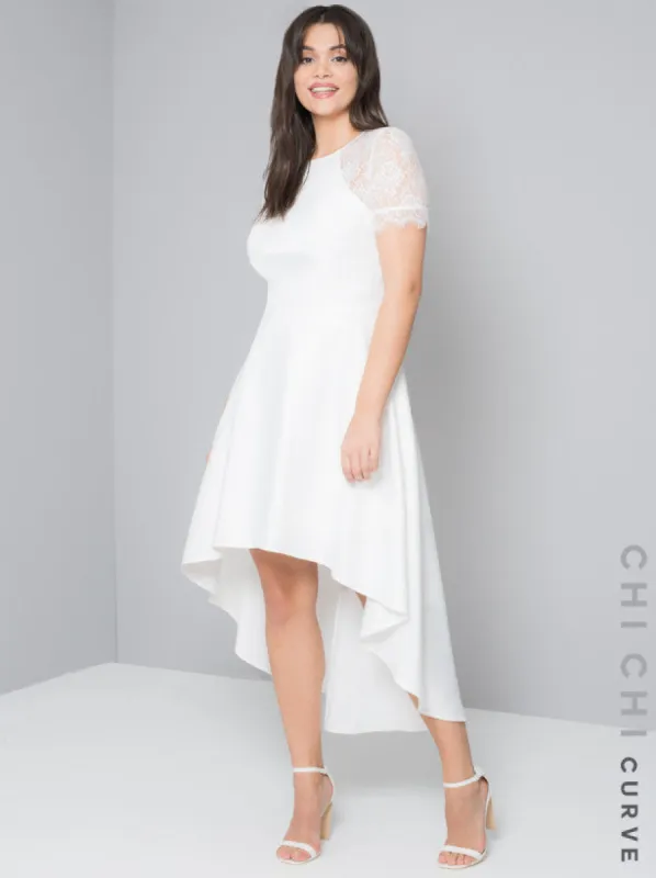 Plus Size Lace Panel Dip Hem Midi Dress in Ivory sold by Chi Chi London