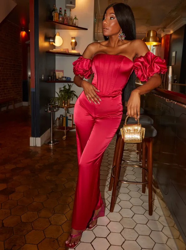 Bardot Corset Style Satin Jumpsuit in Pink sold by Chi Chi London