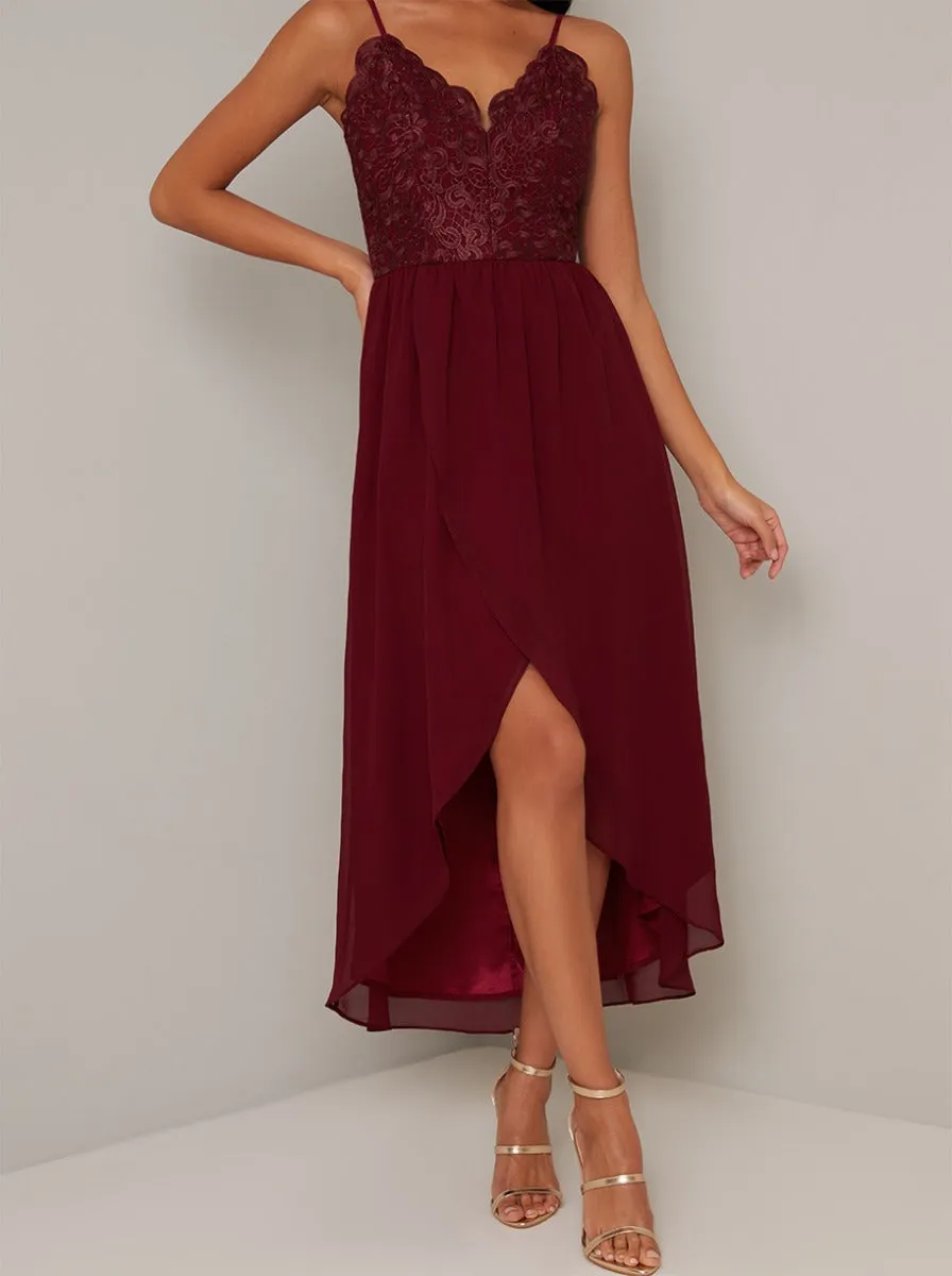 Cami Strap Embroidered Bodice Tulip Dip Hem Dress in Red sold by Chi Chi London product image thumbnail 3