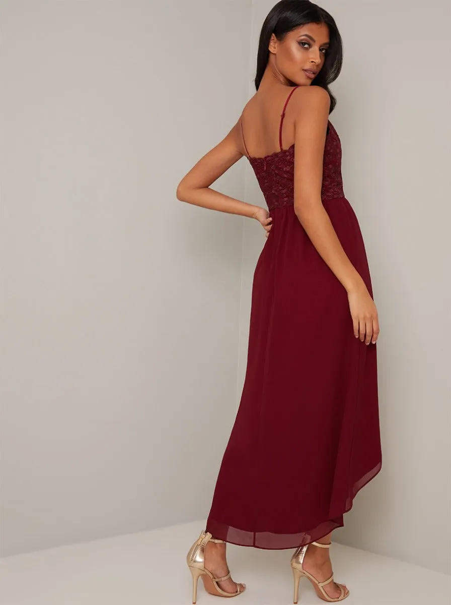 Cami Strap Embroidered Bodice Tulip Dip Hem Dress in Red sold by Chi Chi London product image thumbnail 4