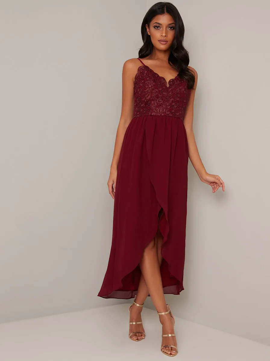 Cami Strap Embroidered Bodice Tulip Dip Hem Dress in Red sold by Chi Chi London