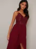 Cami Strap Embroidered Bodice Tulip Dip Hem Dress in Red sold by Chi Chi London