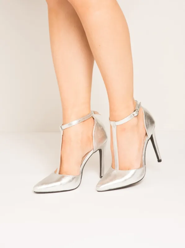 T-Bar Strappy Heels with Buckle Fastening in Silver sold by Chi Chi London