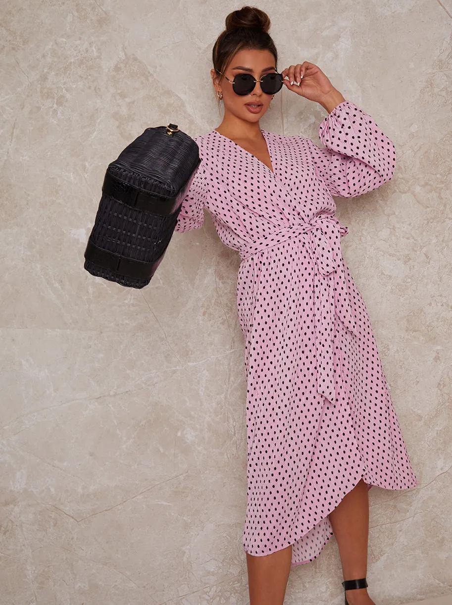 Long Sleeve Polka Dot Midi Wrap Dress in Pink sold by Chi Chi London product image thumbnail 3