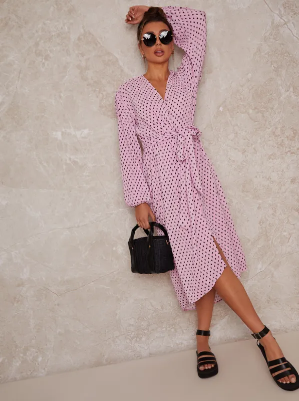Long Sleeve Polka Dot Midi Wrap Dress in Pink sold by Chi Chi London