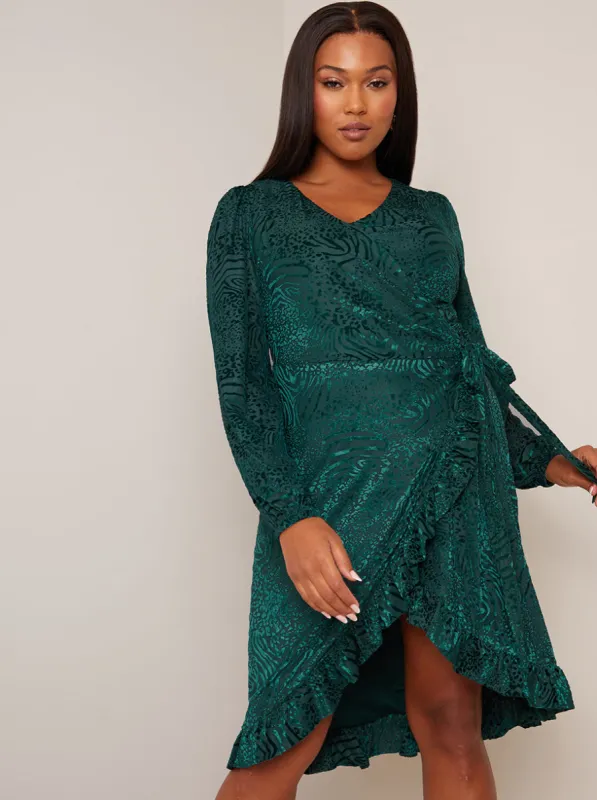 Plus Size Long Sleeve Animal Devore Wrap Dress in Green sold by Chi Chi London