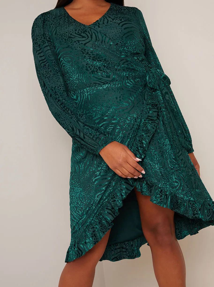 Plus Size Long Sleeve Animal Devore Wrap Dress in Green sold by Chi Chi London product image thumbnail 3