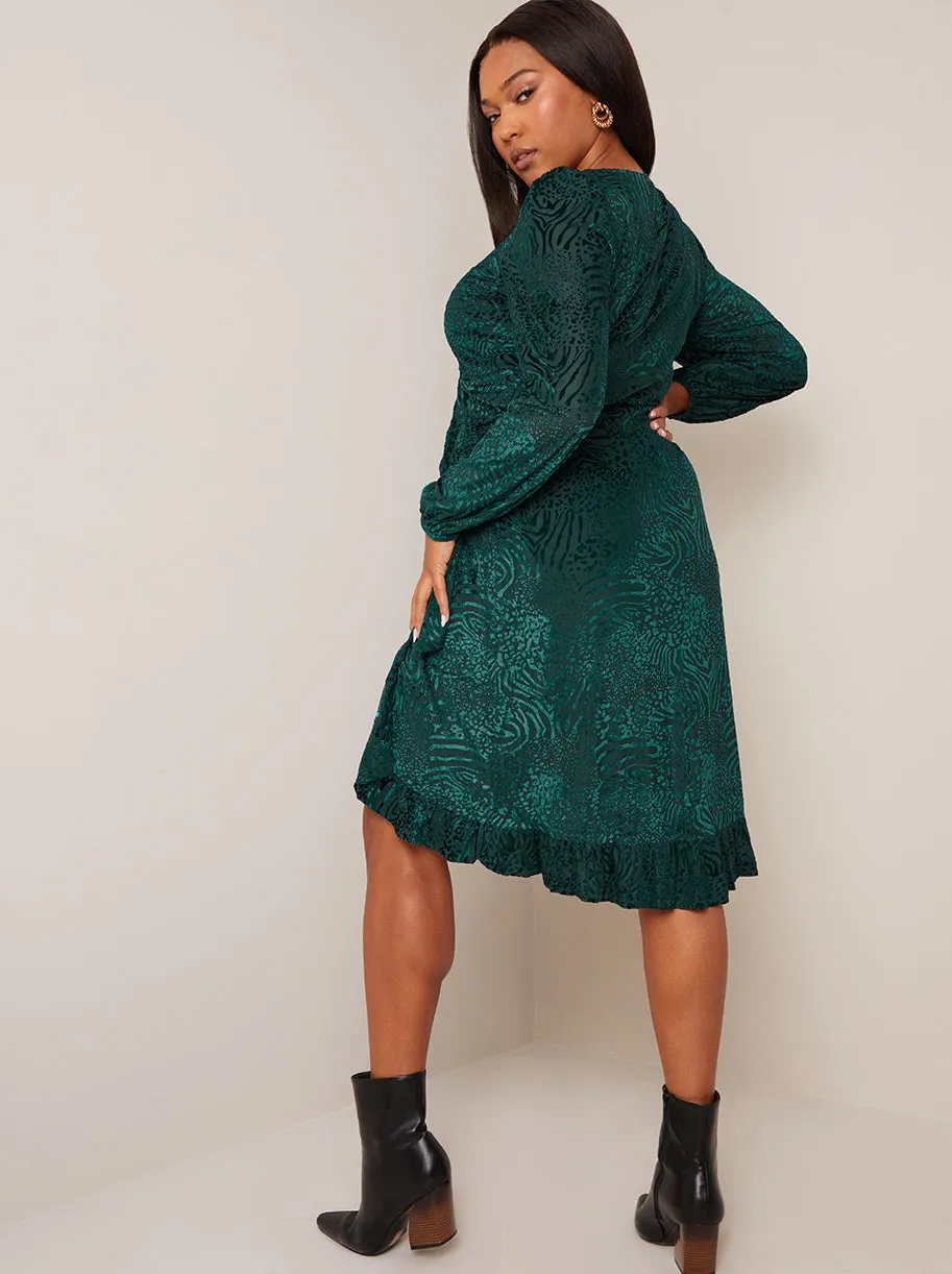 Plus Size Long Sleeve Animal Devore Wrap Dress in Green sold by Chi Chi London product image thumbnail 4