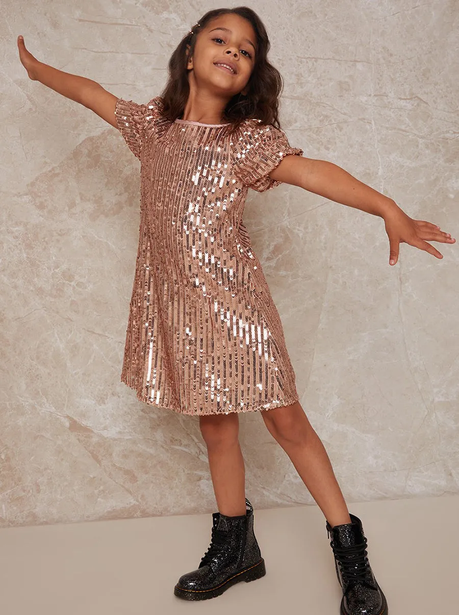 Girls Ruched Sleeve Sequin Midi Dress in Rose Gold sold by Chi Chi London product image thumbnail 5