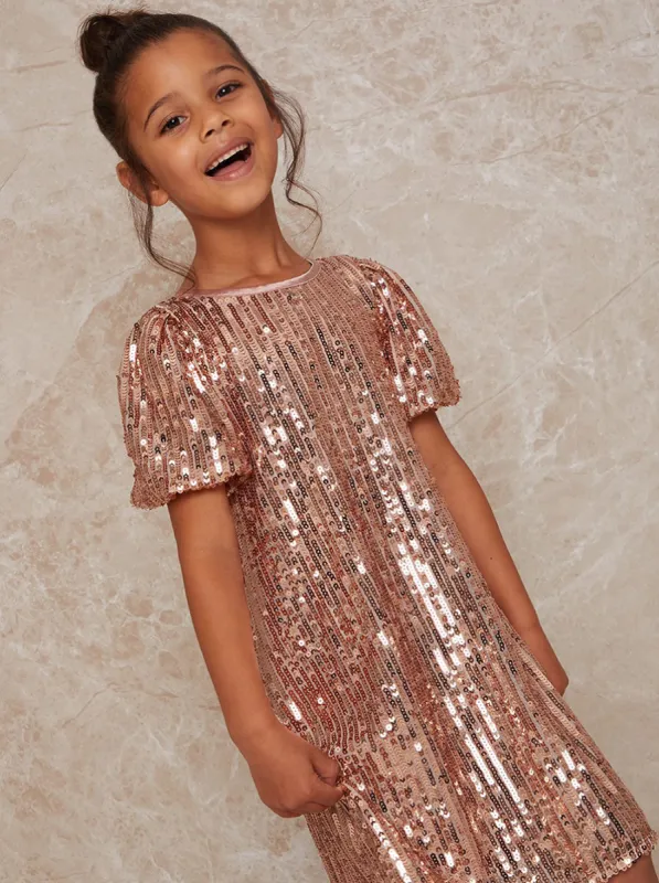 Girls Ruched Sleeve Sequin Midi Dress in Rose Gold sold by Chi Chi London