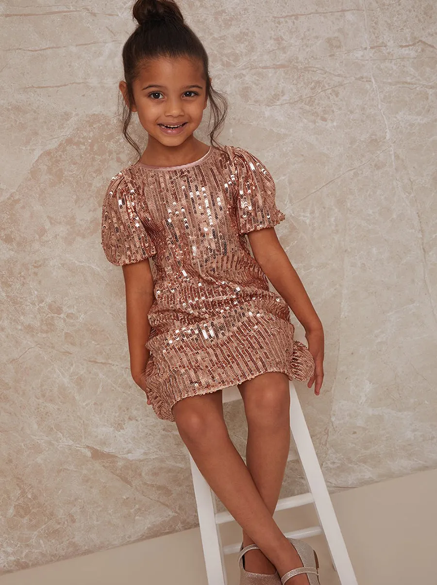 Girls Ruched Sleeve Sequin Midi Dress in Rose Gold sold by Chi Chi London product image thumbnail 3