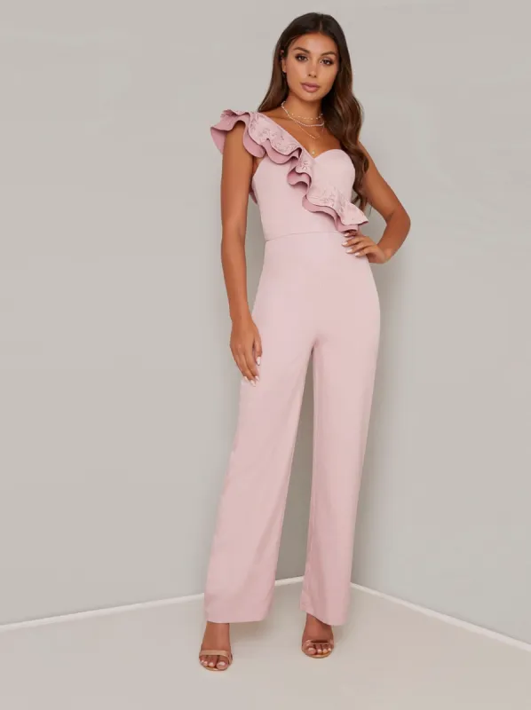 Ruffle Detail Wide Leg Jumpsuit in Pink sold by Chi Chi London