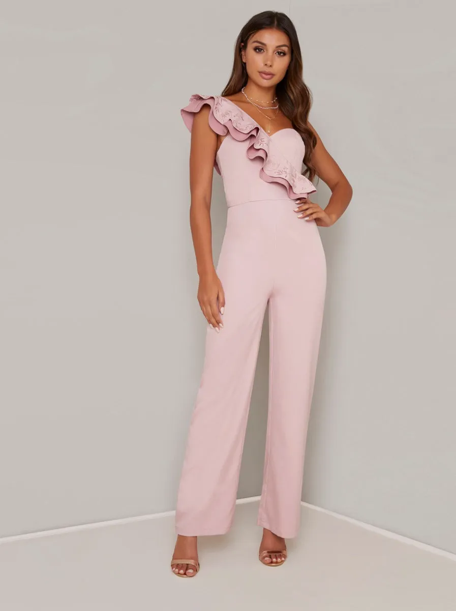 Ruffle Detail Wide Leg Jumpsuit in Pink sold by Chi Chi London