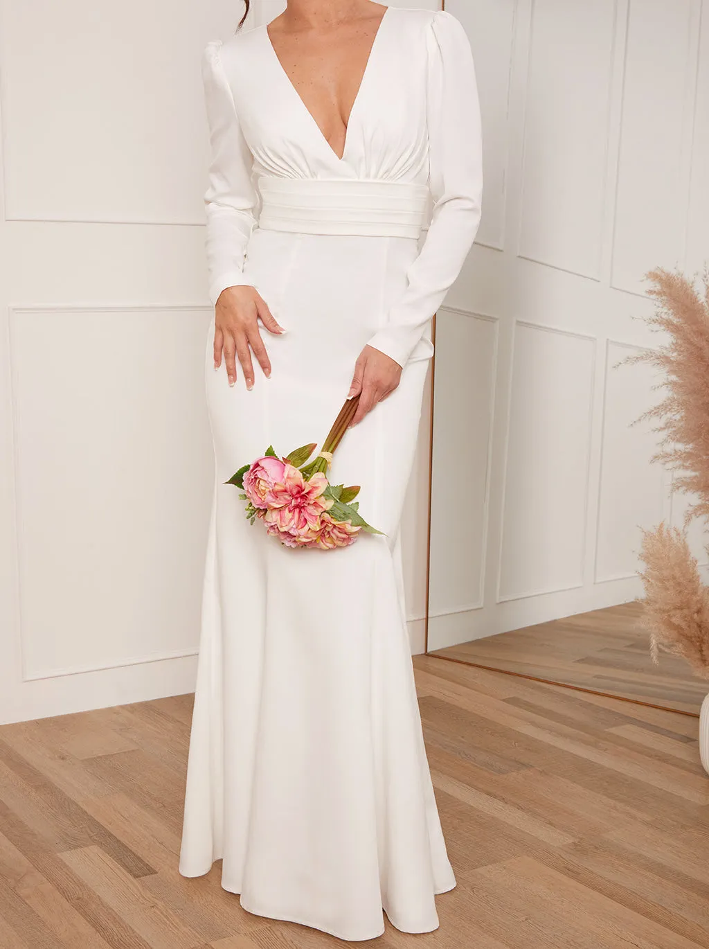 Petite Long Sleeve Plunge Open Back Wedding Dress in White sold by Chi Chi London product image thumbnail 5
