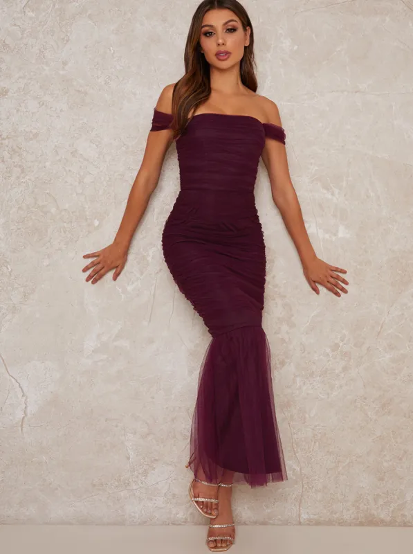 Maxi Party Dress with Bardot Neckline in Purple sold by Chi Chi London