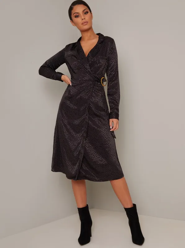 Wrap Style Long Sleeved Midi Dress in Black sold by Chi Chi London