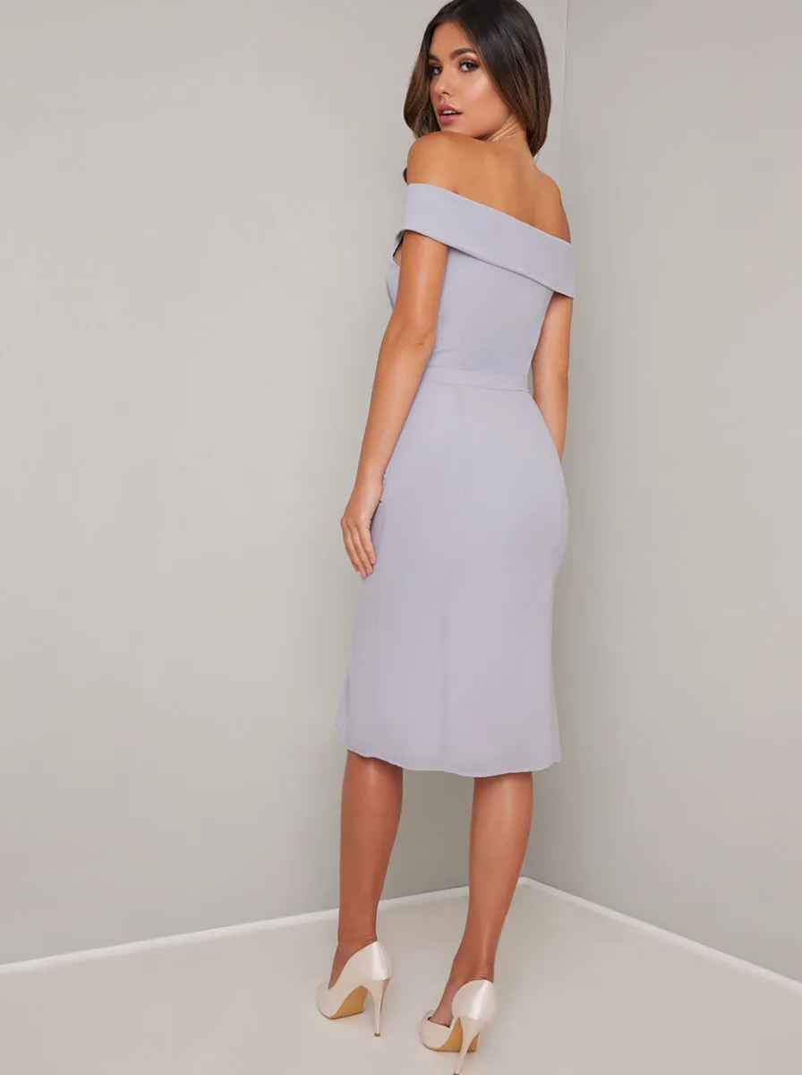 Embroidered Bardot Fitted Bodycon Dress in Blue sold by Chi Chi London product image thumbnail 4