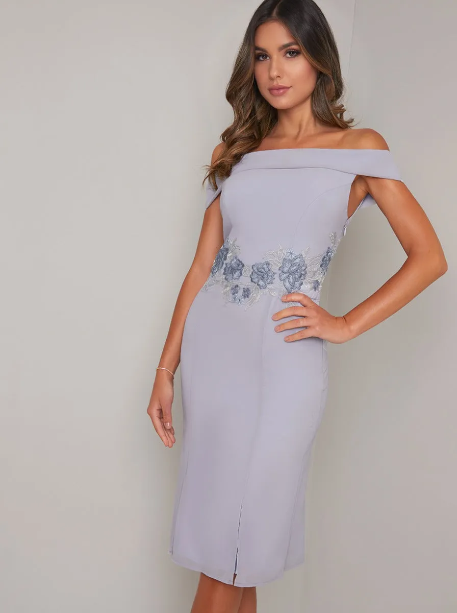 Embroidered Bardot Fitted Bodycon Dress in Blue sold by Chi Chi London product image thumbnail 2