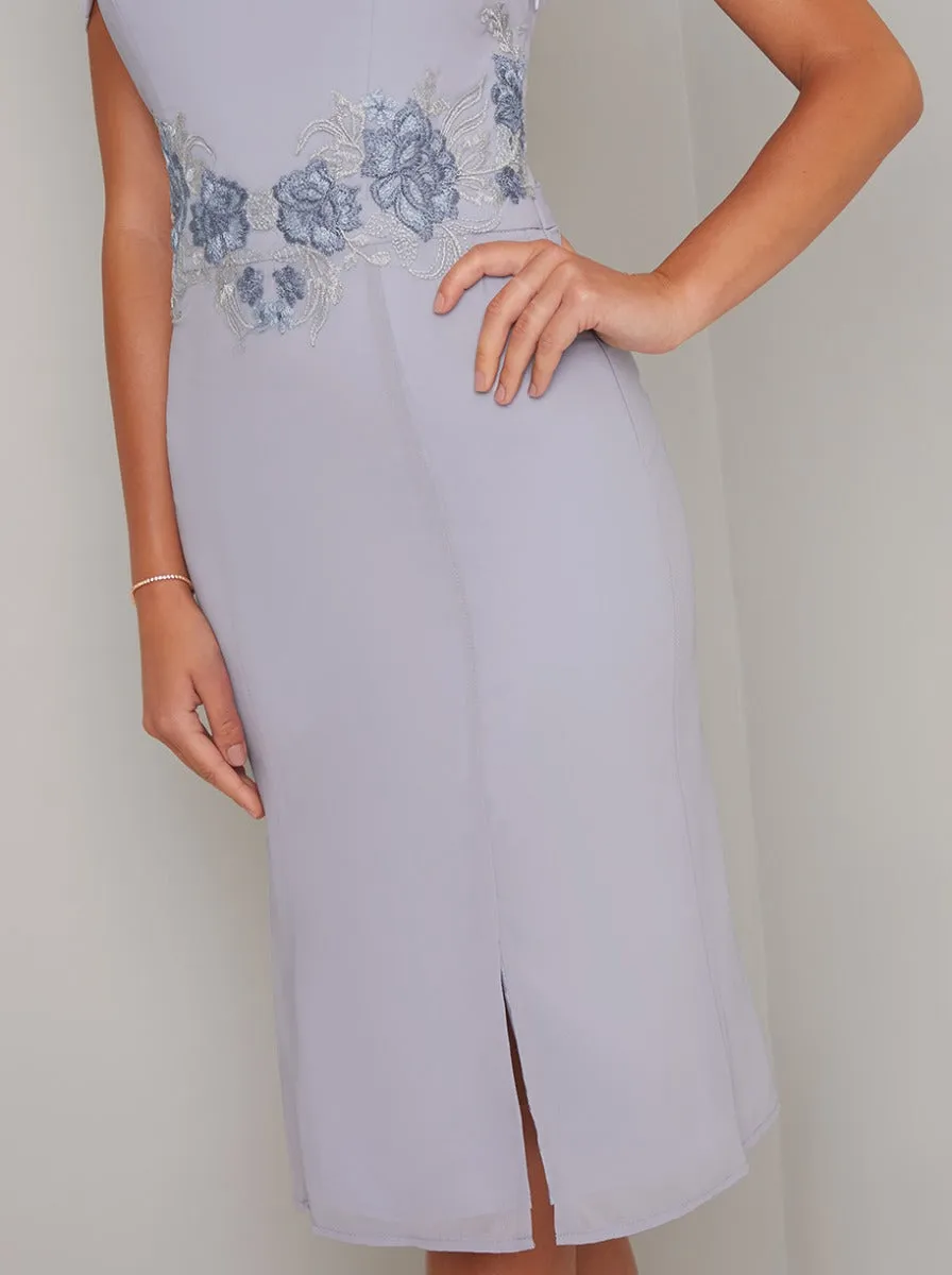 Embroidered Bardot Fitted Bodycon Dress in Blue sold by Chi Chi London product image thumbnail 3