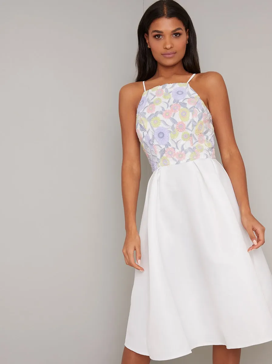 Lace Bodice Strappy Midi Dress in White sold by Chi Chi London