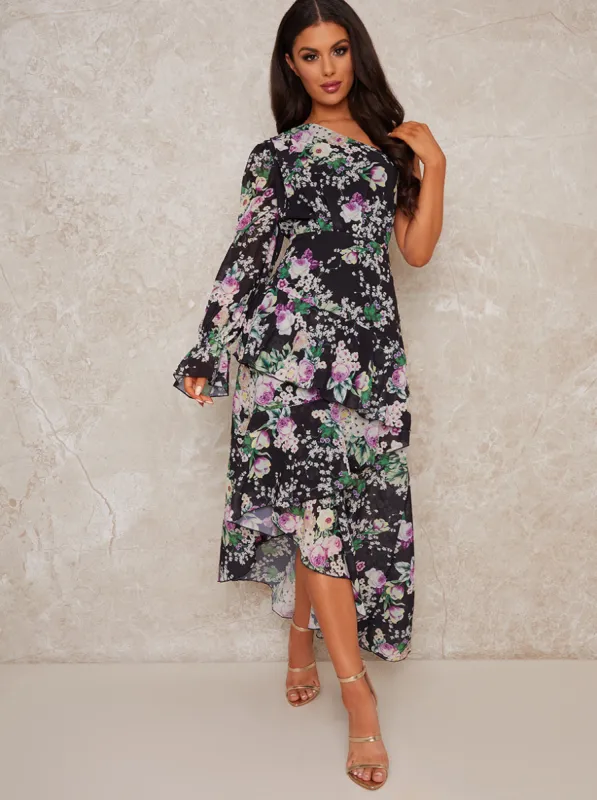 One Shoulder Floral Tiered Midi Dress in Black sold by Chi Chi London