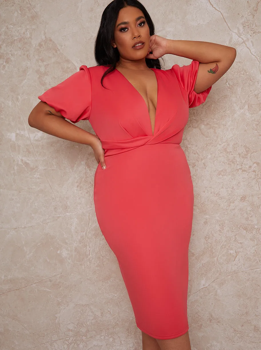 Plus Size Plunge Puff Sleeve Bodycon Dress in Fuschia sold by Chi Chi London product image thumbnail 2