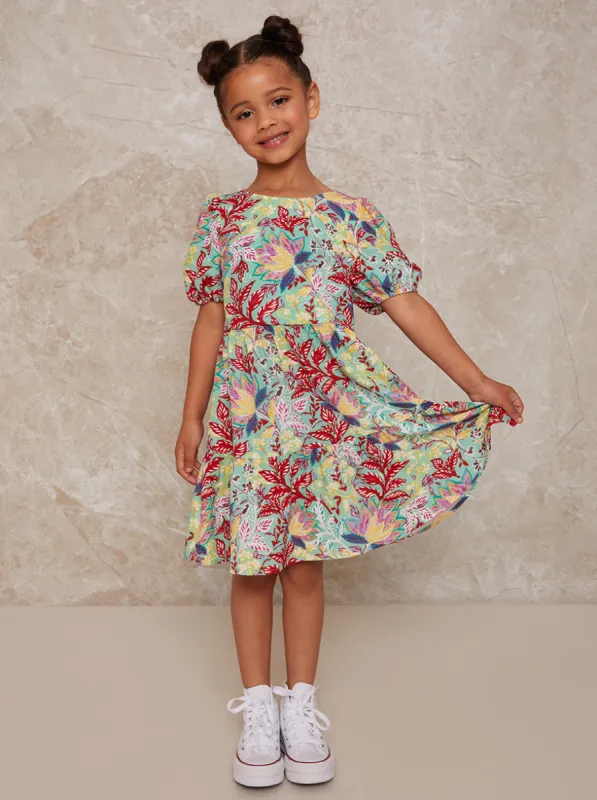 Girls Puff Sleeve Tiered Day Dress in Multi Floral Print sold by Chi Chi London
