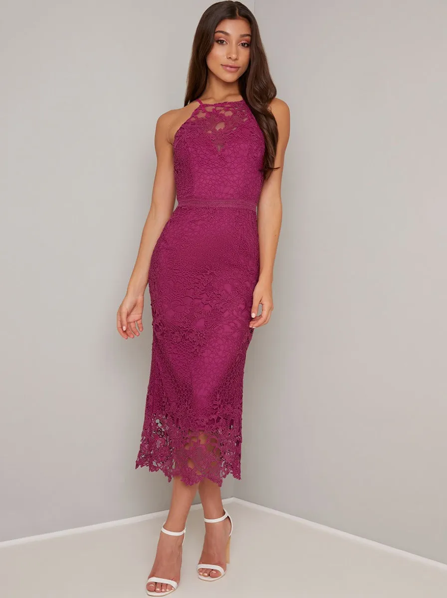 Crochet Bodycon Dress with Sheer Detailing in Fuschia sold by Chi Chi London