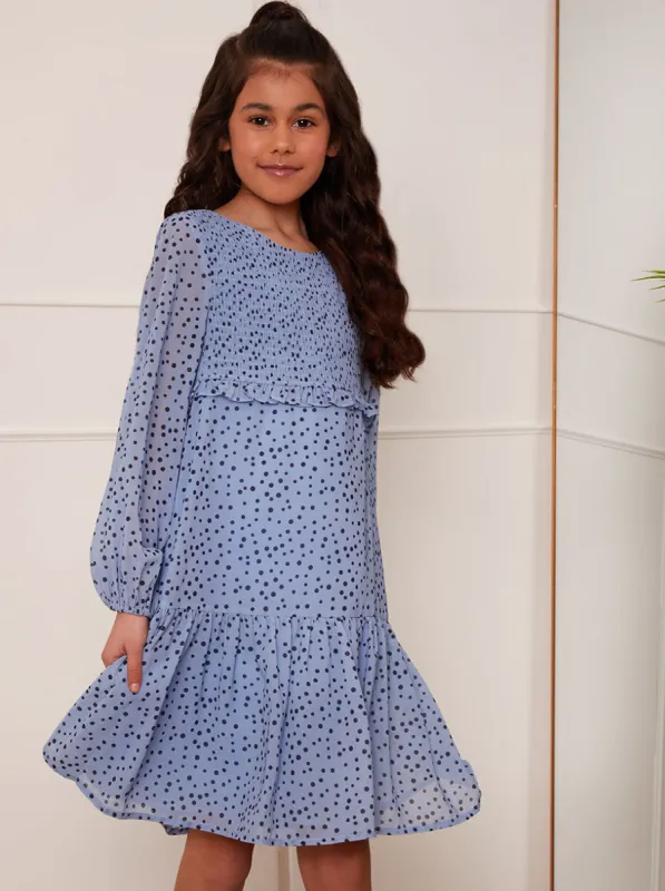 Older Girls Long Sleeve Spot Print Midi Dress in Blue sold by Chi Chi London