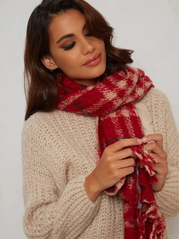 Knitted Scarf with Checkered Detail in Red sold by Chi Chi London