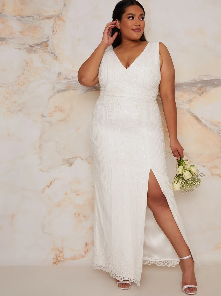 Plus Size Bridal Sleeveless Bodycon Dress with Sequins in White sold by Chi Chi London