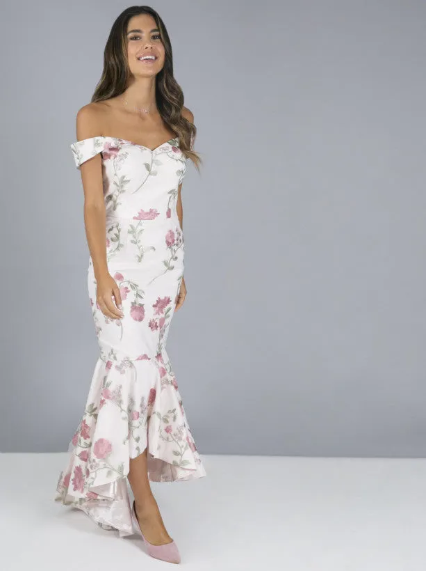 Floral Print Bardot Fishtail Maxi Dress in Pink sold by Chi Chi London product image thumbnail 3