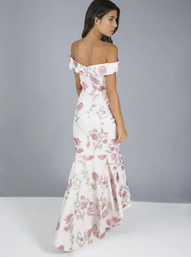 Floral Print Bardot Fishtail Maxi Dress in Pink sold by Chi Chi London